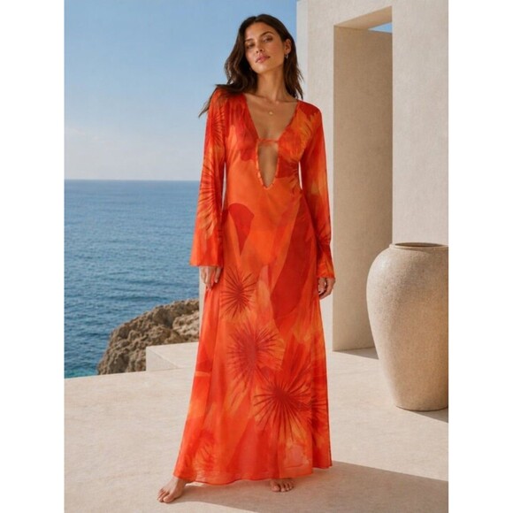 Caroline Constas Other - CAROLINE CONSTAS Mesh Midi Dress Cover Up M Orange with Red & Yellow Tie‑Dye New